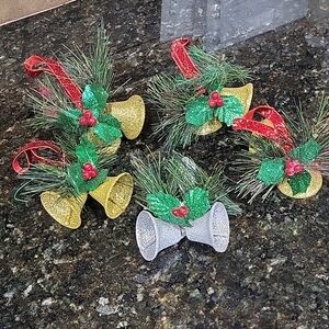 Set Of 5 Vintage Hanging Bells Holly Christmas Decor Ornament 4 Gold 1 Silver